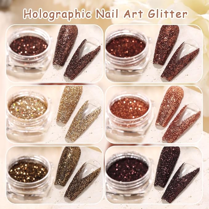 6 Colors Holographic Nail Art Glitter, Ultra Fine Metallic Shining Glitter Dust, Retro Champagne Golden Reflective Sugar Dipping Pigment for DIY Gel Polish Nail Art Decoration, Resin Craft