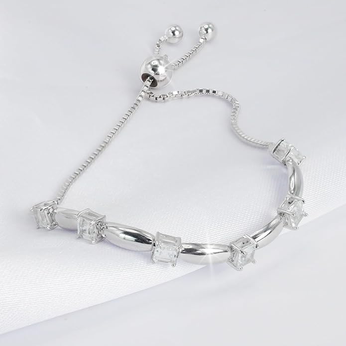 Fine Bracelet Tennis Style Pull String Birthstone Jewelry Gift for Women 925 Sterling Silver Square Sparkling Bolo Gemstone Jewelry Adjustable Bracelets