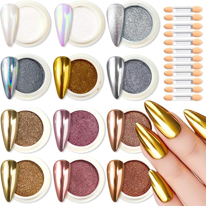 Chrome Nail Powder Set - 12 Colors Chrome Powder for Nails White Pearl Mirror Effect Gold Silver Champagne Metallic Holographic Dip Nail Powder Kit Glitter Pigment for Manicure Decor
