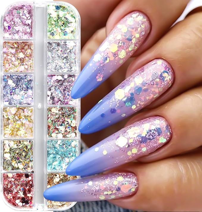 Holographic Nail Glitter Foils Sequins, 36 Colors Sparkly Ultra-Thin Aluminum Foil Nail Art Flakes and Shiny Glitters Mermaid Paillettes Acrylic Supplies for Women Manicure DIY Decorations