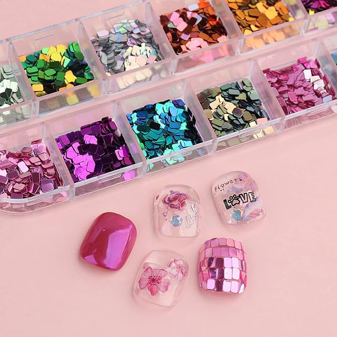 Holographic Square Glitter Flakes, 12 Colors Rectangle Sparkly Sequins, 3D Glitters Acrylic Nails Supplies for Women Girls Manicure Shiny Decorations, DIY Crafts Resin Nail Art Tips