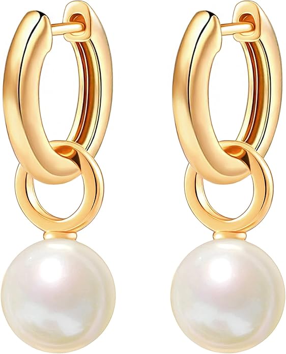 Gold Plated Huggie Hoop Earrings with Charms Fashion Pearl Drop Dangle Earrings for Women Handmade Karma Circle Jewelry for Ladies Lightweight Pearl Earrings on Christmas