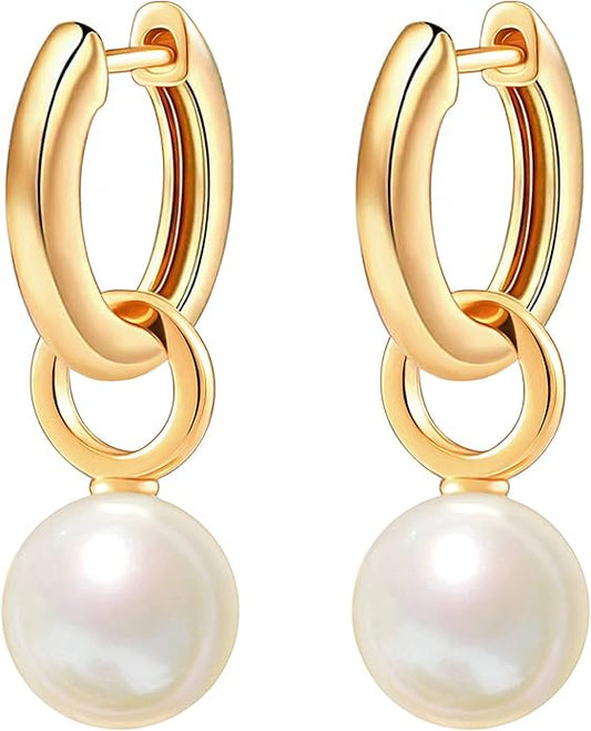 Gold Plated Huggie Hoop Earrings with Charms Fashion Pearl Drop Dangle Earrings for Women Handmade Karma Circle Jewelry for Ladies Lightweight Pearl Earrings on Christmas
