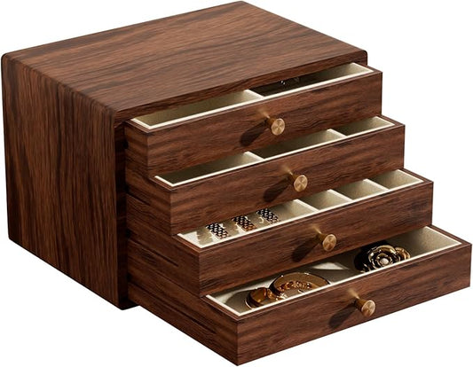 GENUINED Valentines Day Gifts for Her, Black Walnut Wooden Jewelry Box for Women, High End Jewelry Organizers and Storage(4 Layer)