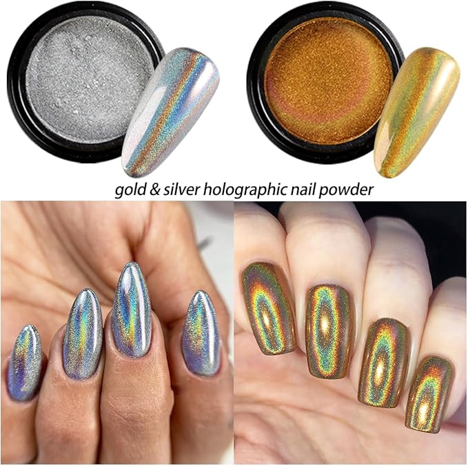 Chrome Nail Powder Set 14 Colors Pink Blue Silver Metallic Effect Mirror Powder for Nails with Brushes Holographic Pigment Chameleon Flakes for Nails Gold Leaf Decoration Nail Supplies