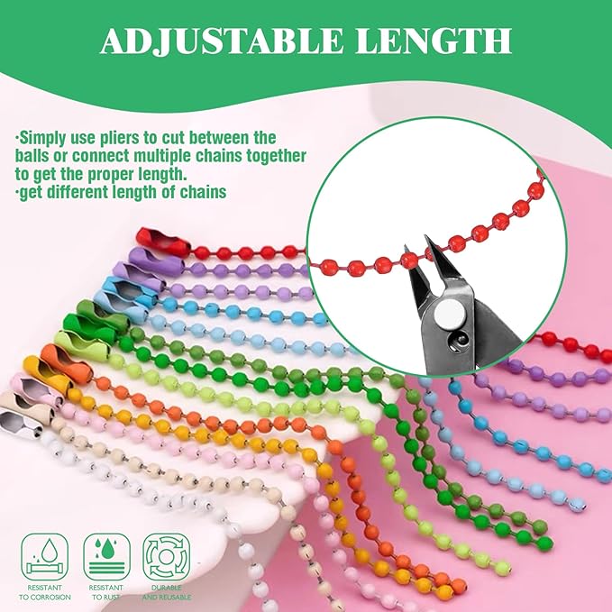 Yauhar 420Pcs Colorful Ball Chain Assorted Set, 14 Colors 2.4mm Metal Ball Bead Chain Connector Clasp Extension for Keychain Tags Jewelry Necklace Making Key Ring Ornament