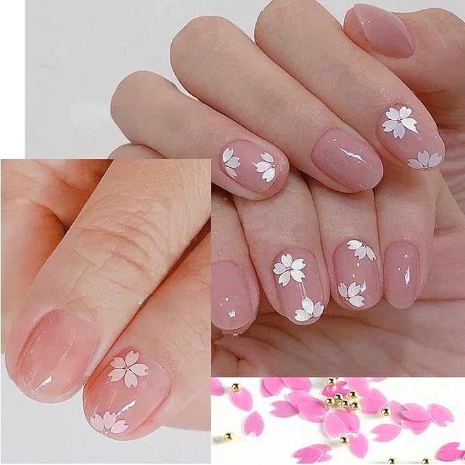 Cherry Petals Glitter, Mixed Flower Beads Rhinestone Decoration Floral Acrylic Nails Designs for Women and Girls Manicure