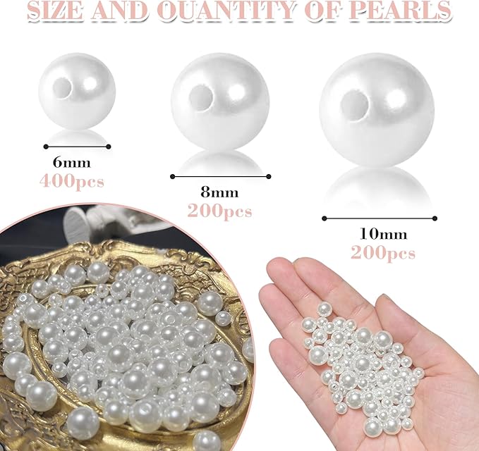 800 Pcs Pearl Beads with Hole, 6mm 8mm 10mm Round Pearls for Crafts, Jewelry Making Supplies, DIY Beads for Necklaces, Bracelets, Wedding Decoration, Stuffing (White)