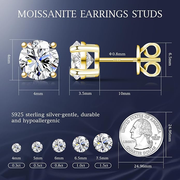Moissanite Earrings for Men Women, 0.2ct-3.0ct Men 925 Sterling Silver Earrings, Round Cut Diamond Stud Earrings for Women