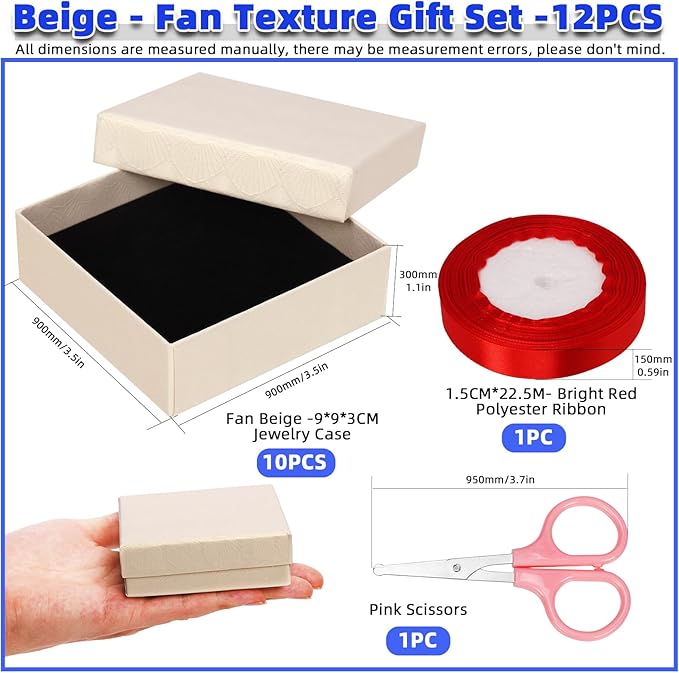 Glarks 12Pcs 3.5x3.5x1 Inch Beige Cardboard Paper Jewelry Gift Boxes with Scissors and Ribbon Set, Bracelets Bangle Necklace Earring Gift Case for Birthday Wedding Jewelry Storage Packaging Display
