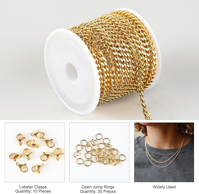 Kyutong 16.4 Feet Gold Plated Craft Chains for Jewelry Making Stainless Steel Curb Chain Roll for Women Men Necklace Bracelet DIY Supplies Findings