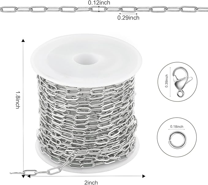 Kyutong 16.4 Feet Stainless Steel Chain Link with Spool Soldered Silver Chains for Jewelry Making 3MM Paperclip Necklace Chains Bulk for DIY Craft Bracelet Ankle Finding Supplies
