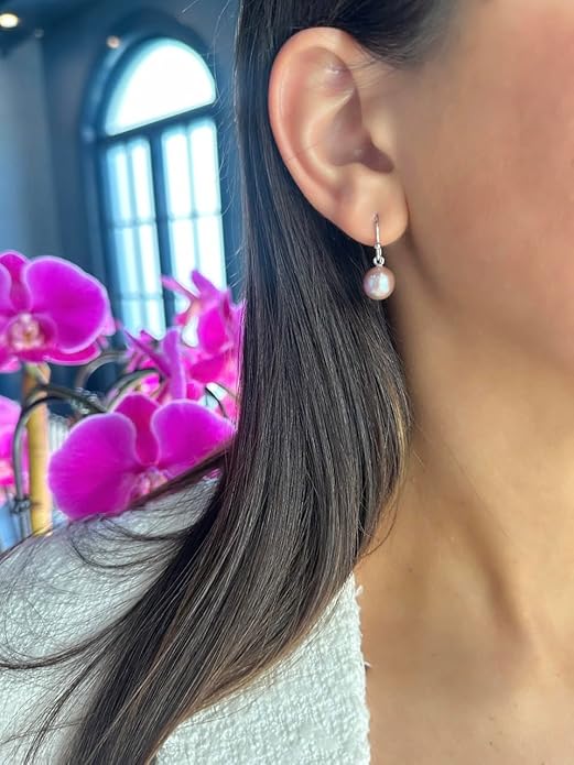 .925 Sterling Silver AAA Natural Pink Teardrop Shaped Freshwater Cultured Pearl French Wire Dangling Drop Earrings