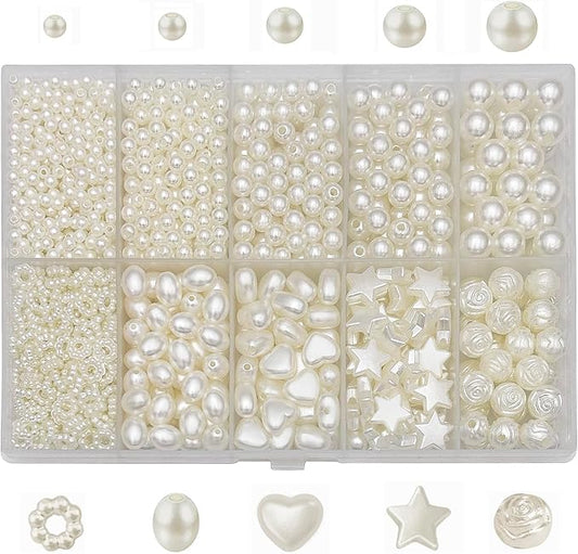 1300pcs Pearl Round Spacer Beads Set 3/4/5/6/8mm 5 Size and 5 Styles Pearl Spacer Beads for Bracelets Jewelry Making Necklace Earring Making Supply