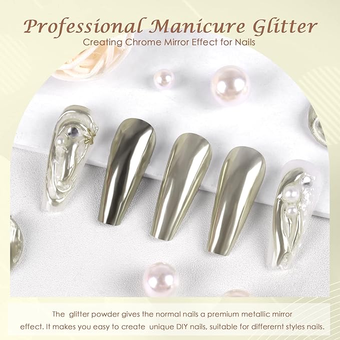 Laza Chrome Nail Powder Mirror Effect Metallic Dust Holographic Glitter Glazed Manicure Decoration Reflective Pigment for DIY Gel Polish Nail Art, Resin Craft, Gifts - Champagne Silver