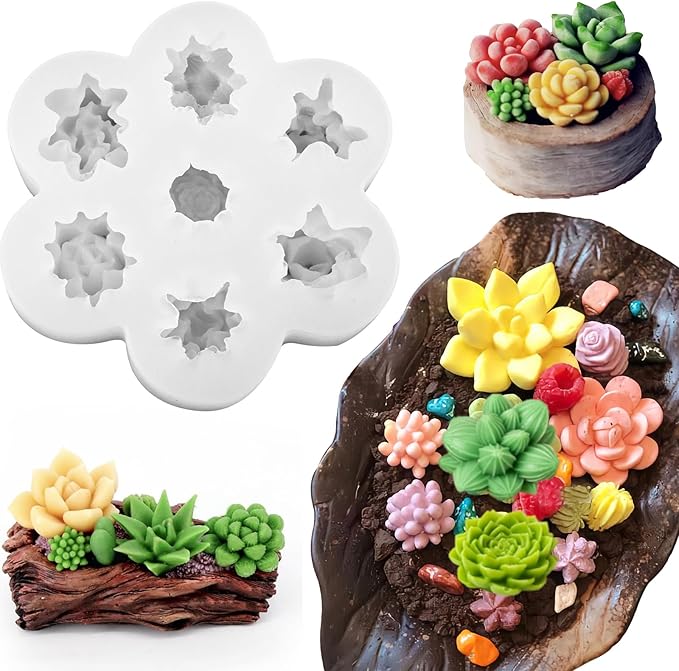 7 Cavity Succulent Candle Mold for Candle Making, 3D Succulents Silicone Molds for Scented Candle Soaps Making, Wax, Resin Casting, Dessert Mousse Cake Decoration