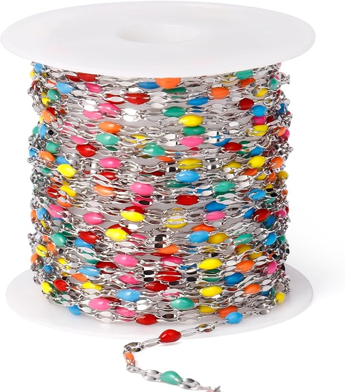 16.5FT Colorful Enamel Chain Roll, 2MM Rainbow Stainless Steel Enalem Lip Link Chains Spool Bulk for DIY Jewelry Making Necklace Bracelet