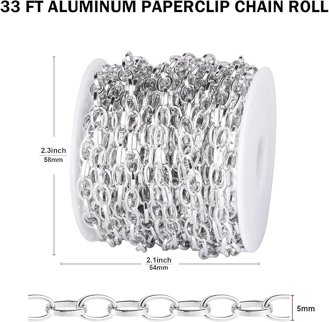 33FT Silver Paperclip Chain for Jewelry Making 5MM Silver Plated Aluminum Oval Link Chain Roll Bulk for DIY Crafts Jewelry Making