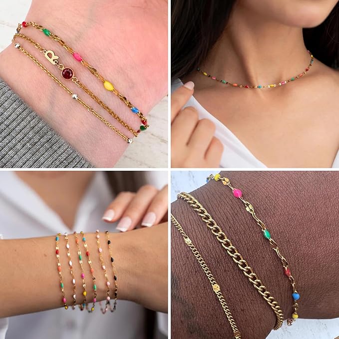 16.5FT 18K Gold PVD Plated Colorful Enamel Chain Roll, 2MM Rainbow Stainless Steel Enamel Lip Link Chains Spool Bulk for DIY Jewelry Making Necklace Bracelet