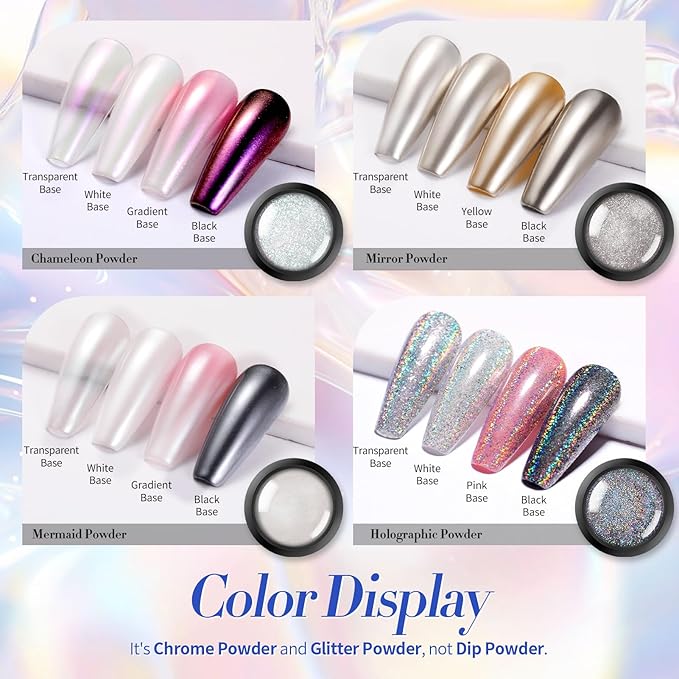 BORN PRETTY Chrome Nail Powder,White Pearl Metallic Mirror Holographic Chrome Powder for Nails,Pearl Glitter Pigment Dust Kit Nail Art Decoration Sets