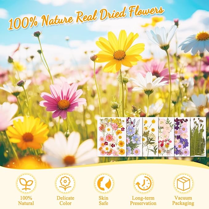 124 Pcs Dried Pressed Flowers for Resin Crafts, Real Pressed Wildflowers Natural Dry Leaves Bulk with Tweezer for Epoxy Resin Jewelry Molds, Candle Soap Making, Scrapbook, Bookmark, Nails Decor