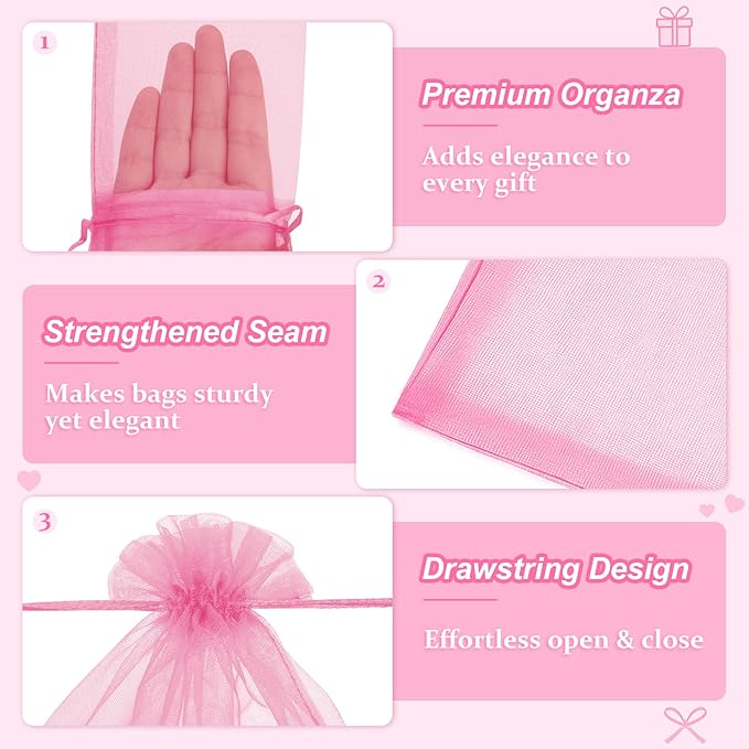 Crweety 50 Pcs Pink Organza Bags 3x4 Inch, Small Gift Bags Bulk for Jewelry Candy Soap Makeup Sachet, Cute Mini Mesh Gift Bag Drawstring for Wedding Baby Shower Birthday Party Favors & Valentine's Day