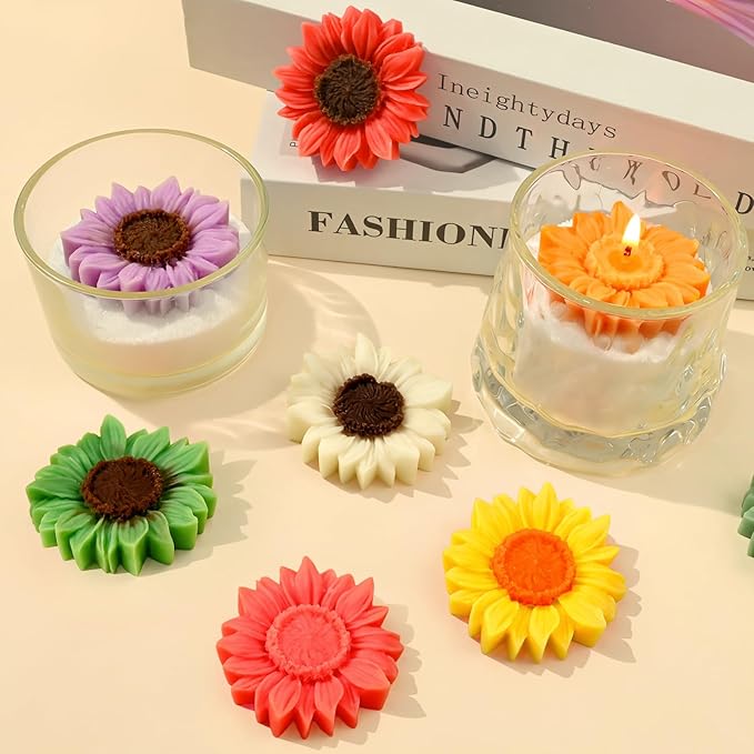 ZQYSING 4 Pcs Sunflower Candle Molds, 3D Flower Fondant Chocolate Cake Cupcake Topper Decoration Silicone Mold, DIY Tealight Candle Soap Wax Epoxy Resin Concrete Casting Polymer Clay Craft