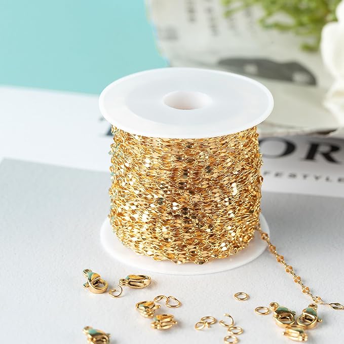 Kyutong 32.8 Feet Thin Stainless Steel Lip Chain Roll Gold Chain for Jewelry Making with Accessories for Necklace Choker Bracelet DIY Jewelry Craft Supplies