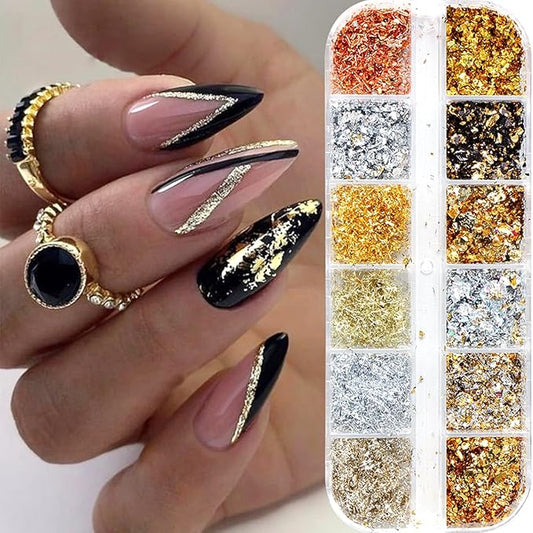 Holographic Nail Glitter Gold Foils for Kit, 12 Grids Sparkly Ultra-Thin Aluminum Foil Nail Art Flakes Designs, Powder Nail Glitters Sequins Acrylic Supplies DIY Manicure Charms Decorations, for Women