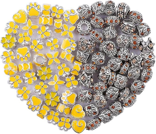 60 Pieces Assorted European Beads with Plating Silver Metal Alloy Rhinestone Large Hole Spacer Beads for DIY Charm Bracelet Jewelry Making (Lemon)