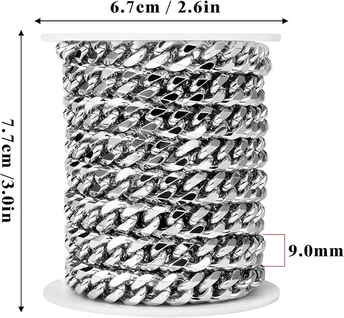 16.5 Feet Stainless Steel Cuban Chains Roll, 9mm Width Chunky Curb Link Chains Spool Bulk for Jewelry Meking