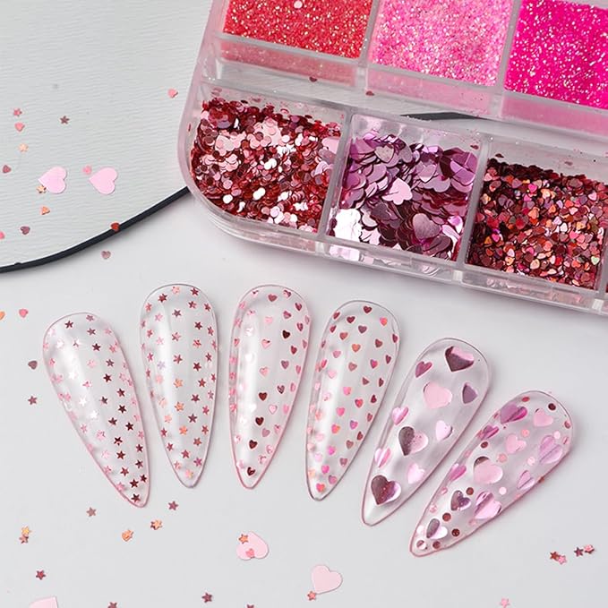 Valentines Holographic Nail Glitter Foils, 12Grid Pink Sparkly Ultra-Thin Foil Nail Art Flakes Design, Laser Nail Sequins Acrylic Supplies for Women Girls Manicure Charms Decor, DIY 3D Nail Art Tips