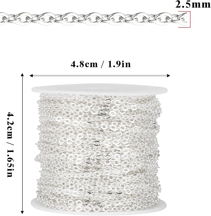 33 Feet Silver Plated Stainless Steel Cable Chain Bulk, 2.5mm 304 Stainless Steel Silver Flat Cable Link Chains Roll Spool for Jewelry Making Necklace DIY Craft