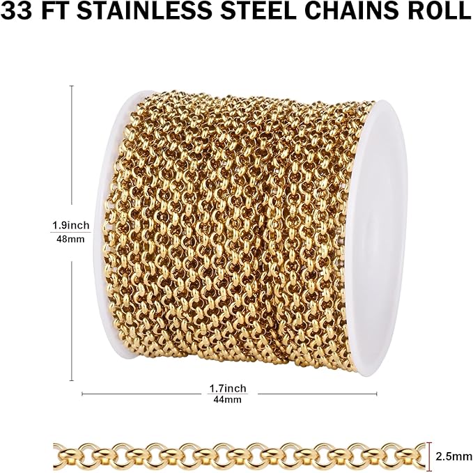 33FT Gold Rolo O Chain for Jewelry Making 2.5MM Gold PVD Plated Stainless Steel Link Chains Roll for DIY Crafts Jewelry Making