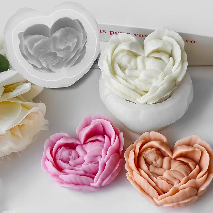Heart Candle Molds, Angel Baby in Flower Silicone Molds for Candle Making, DIY Flower Soap Aromatherapy Wax Plaster Resin Casting for Home Decor Mother's Gift Baby Shower