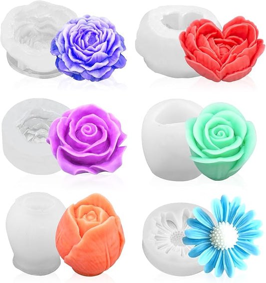 MUXIUNT 6Pcs Rose Flower Candle Resin Mold Silicone Flower Mold for Candle Making Large 3D Heart Rose Tulip Daisy Peony Valentine Mother Day Silicone Candle Mold for Soy Wax Beeswax Resin Craft