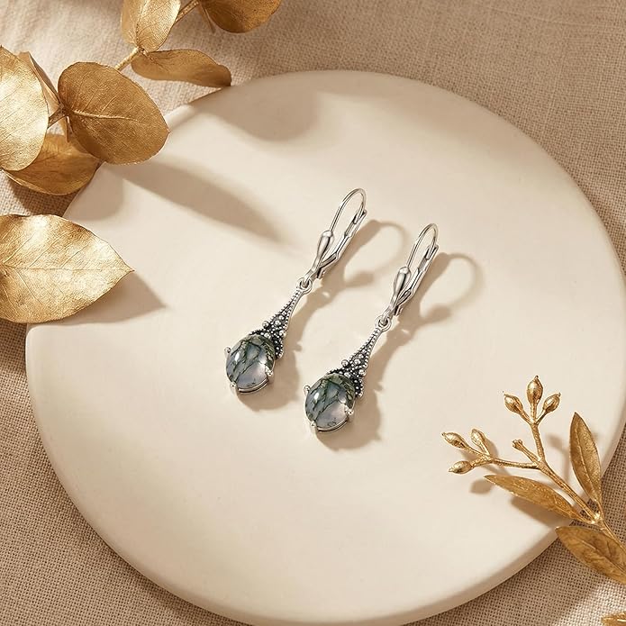 AOBOCO Vintage Earrings for Women Sterling Silver Retro Drop Dangle Leverback Earrings with 8x6mm Oval Genuine or Simulated Birthstone Crystal from Austria, Anniversary Jewelry Gifts for Her (Gift Box)