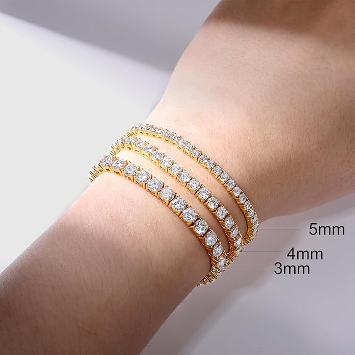 TUHE Moissanite Tennis Bracelet 5.0-21.0CT 18K Gold Plated 925 Sterling Silver Bracelets 3/4/5MM D Color VVS1 Round Lab Created Moissanite Bracelet for Women Men 6-8.5 Inch Jewelry Valentines Gifts