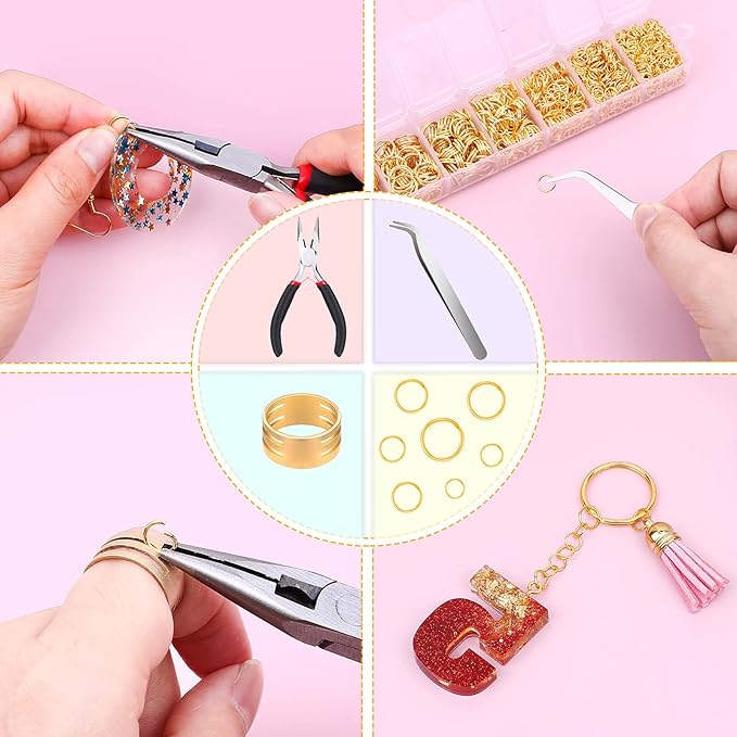 Paxcoo Gold Jump Rings for Jewelry Making - 1500Pcs Necklace Repair Kit With Supplies and Pliers for Bangle Charms, Earrings and Nail Piercing