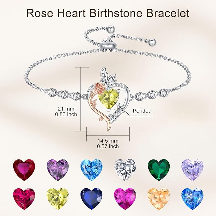 TOUPOP Rose Heart Birthstone Bracelet 925 Sterling Silver Butterfly Heart Bracelet Love Jewelry for Women Anniversary Valentines Day Birthday Gifts for Her Wife Mom