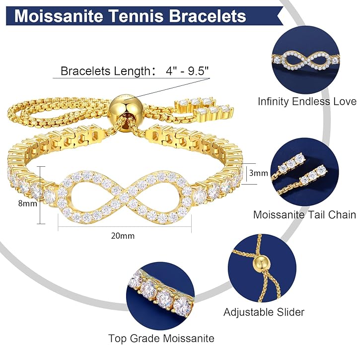 Moissanite Tennis Bracelets For Women, S925 Sterling Silver Infinity Bracelet, 3MM Width 18K Gold Plated White Gold Adjustable Bolo Bracelets- Birthday Valentines Day Gifts For Her Wife Mom