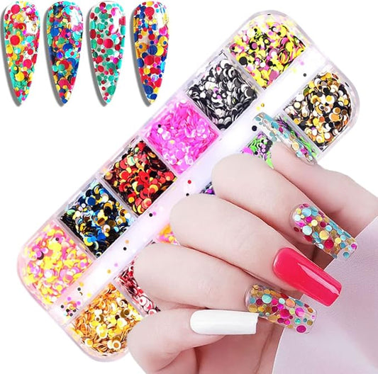 Round Glitter Nail Art Sequins, 3D Circle Shapes Glitter Flakes Designs, Holographic Laser Shiny Round Acrylic Nails Supplies for Women Girls Manicure Sparkly Decorations, DIY Glitter Nails Crafts