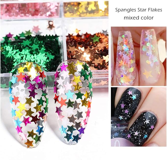 Stars Sequins, 3D Sparkly Five-Pointed Star Nail Flakes, 12 Color Star Nail Art Decorations, DIY Resin Tips