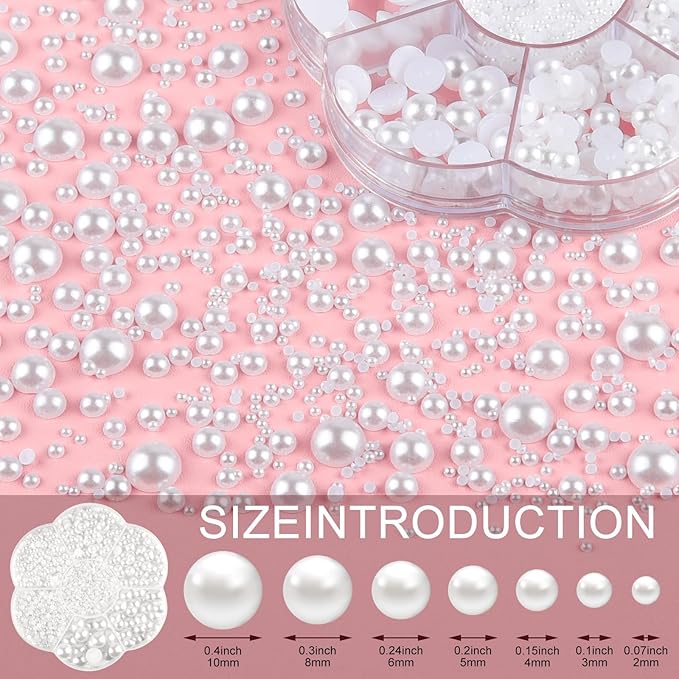 NACHLYNN 6480 Pcs Flat Back Pearls 7 Sizes Half Pearl Bead White Flat Pearls for Nails Graduation Cap Decorations Crafts Embellishment Shoes Clothes Bags DIY Making