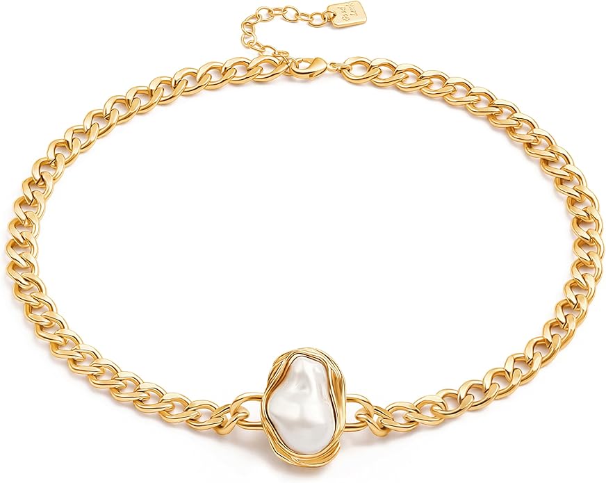 Aobei Pearl 18K Gold Plated Paperclip Chain Choker Satellite Chain Freshwater Cultured Biwa Pearl Pendant Necklace Dainty Jewelry for Women