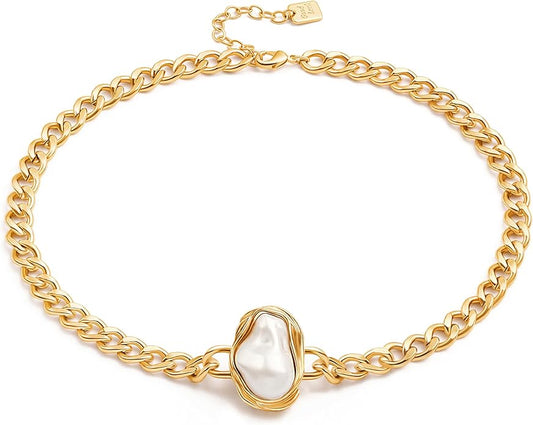 Aobei Pearl 18K Gold Plated Paperclip Chain Choker Satellite Chain Freshwater Cultured Biwa Pearl Pendant Necklace Dainty Jewelry for Women