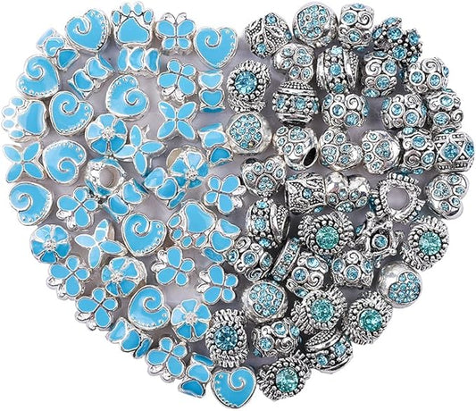 60 Pieces Assorted European Beads with Plating Silver Metal Alloy Rhinestone Large Hole Spacer Beads for DIY Charm Bracelet Jewelry Making (Aqua)