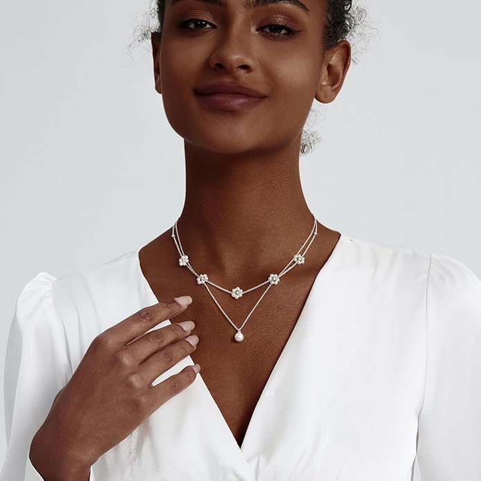 Pearl Necklaces for Women 14K Gold Plated Dainty Layered Single Pearl Necklace Simple Daisy Pearls Choker Cute Gold Necklace Stack Jewelry Sets for Women Trendy Gifts