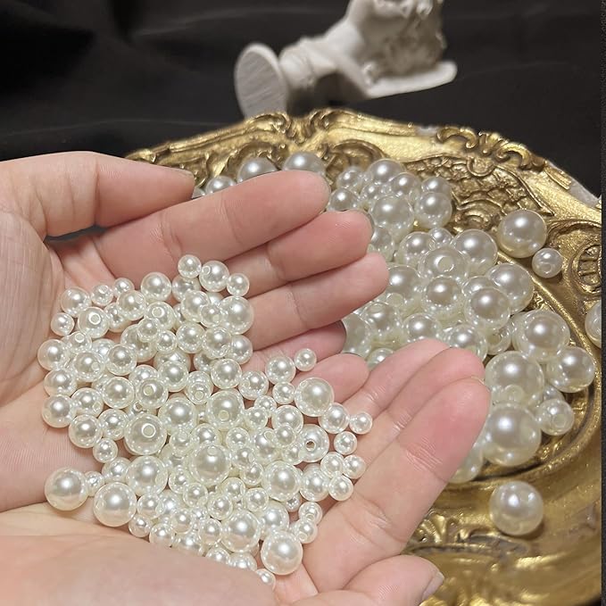 800 Pcs Pearl Beads with Hole, 6mm 8mm 10mm Round Pearls for Crafts, Jewelry Making Supplies, DIY Beads for Necklaces, Bracelets, Wedding Decoration, Stuffing (Ivory White)