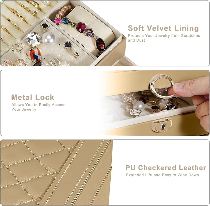 GUOER Jewelry Box for Women Girl Wife 3 Layers Large PU Leather Jewelry Organizer Storage Case with Two drawers Display for Earrings Bracelets Rings Watches (Champagne)